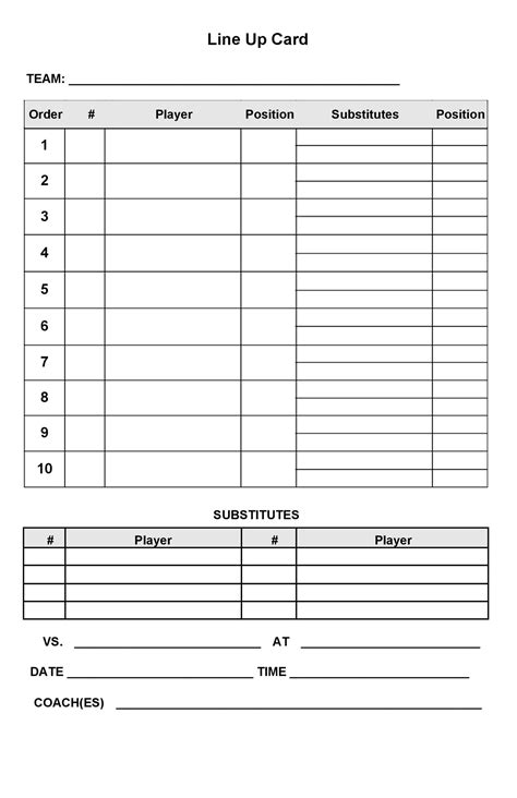 Baseball Lineup Cards Printable